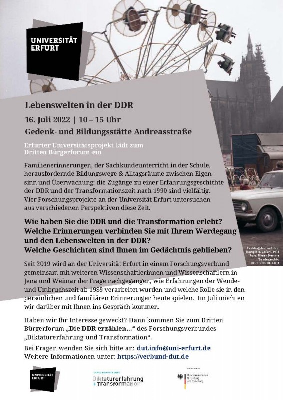 16. Juli 2022 | Drittes Bürgerforum, »Lebenswelten in der DDR« | Gedenk- und Bildungsstätte Andreasstraße Erfurt